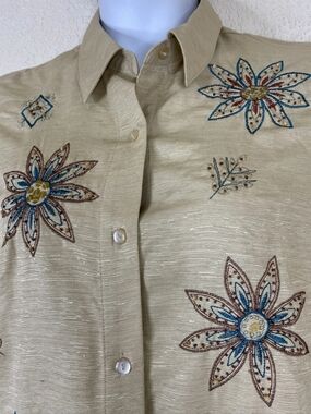 12P🧡Alfred Dunner Silk Beige Button Shirt with Blue & Brown Floral Embroidery